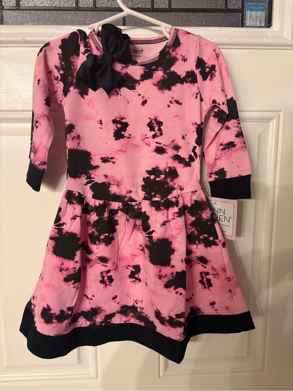 Ann Loren Pink and Black Tie-Dye Long Sleeve Dress with hair Bow